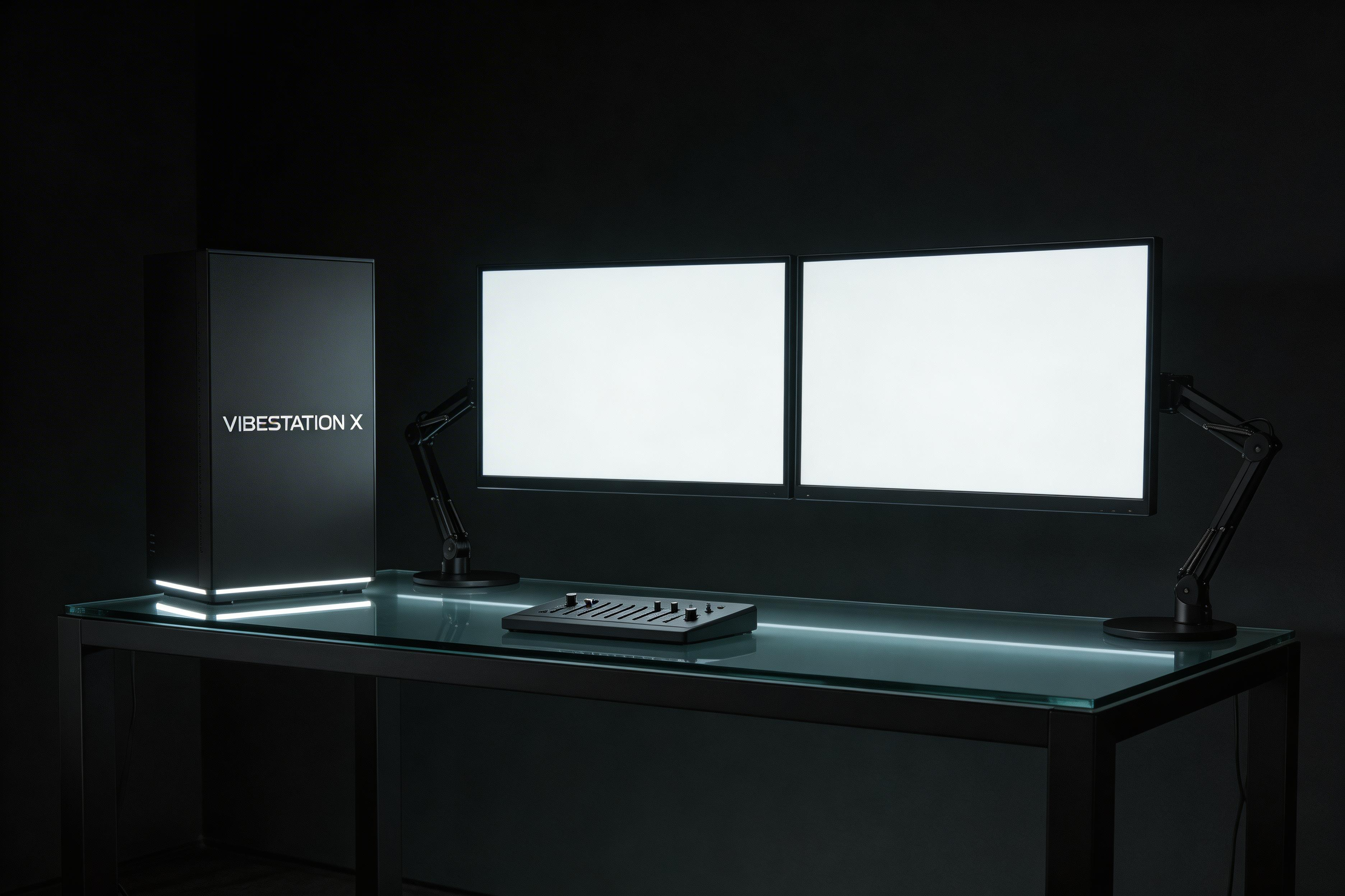 VibeStation X tower with dual monitors
